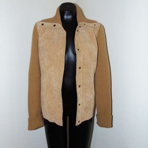 Tan snap closure Leather jacket with Knit sleeves